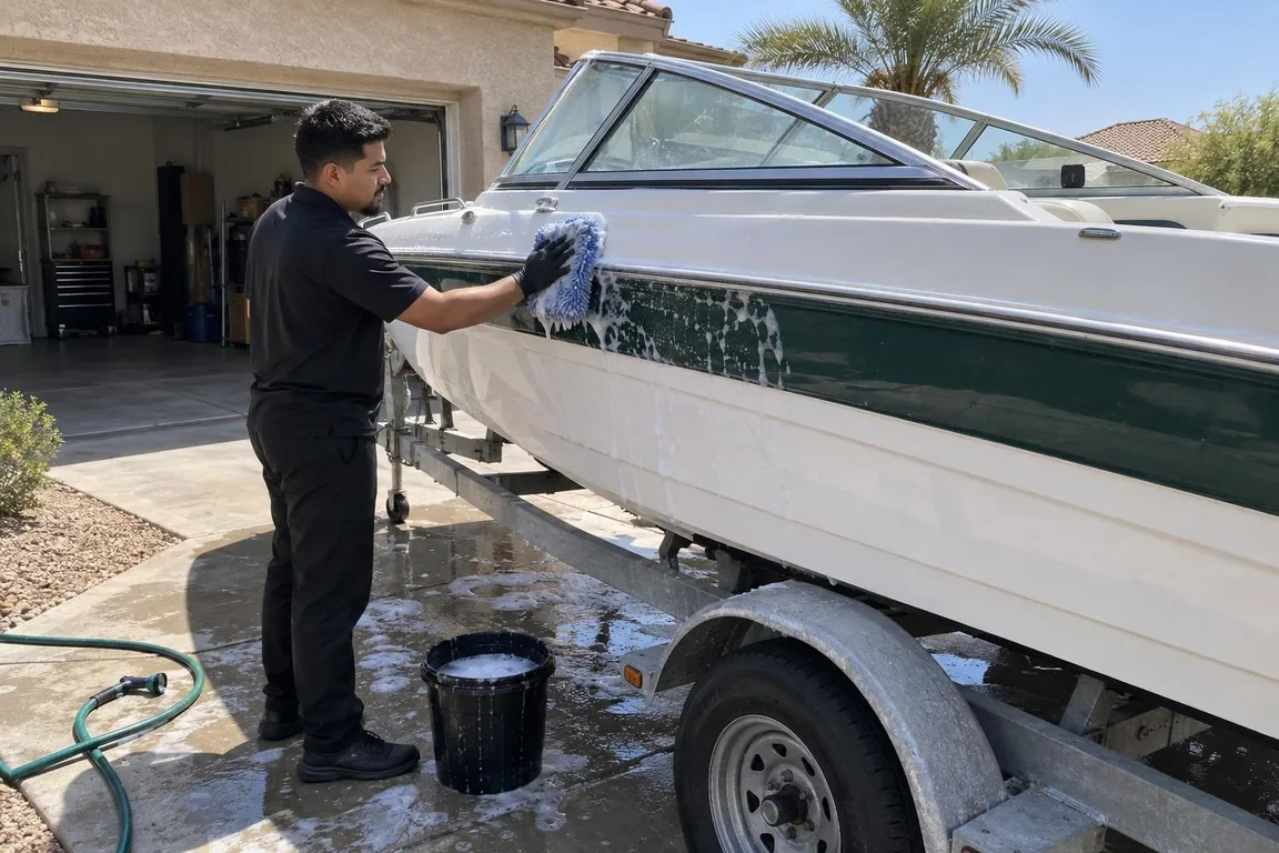 Detailer hand-washing a white and green bowrider on its trailer
