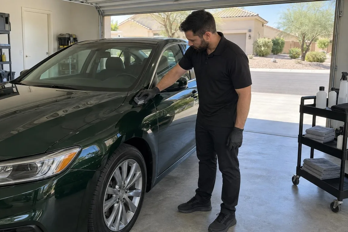 Detailer applying ceramic coating to a dark green sedan's fender in a garage