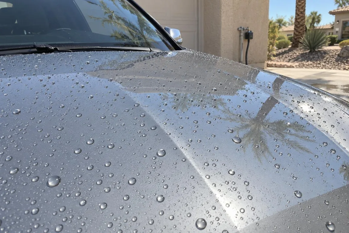 Water beading on a freshly ceramic-coated silver hood