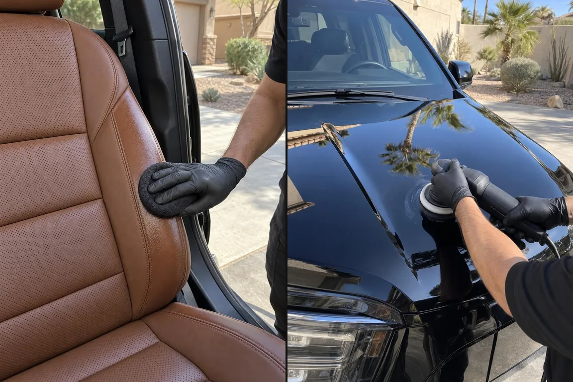 Conditioning a leather seat and machine-polishing a glossy black SUV hood