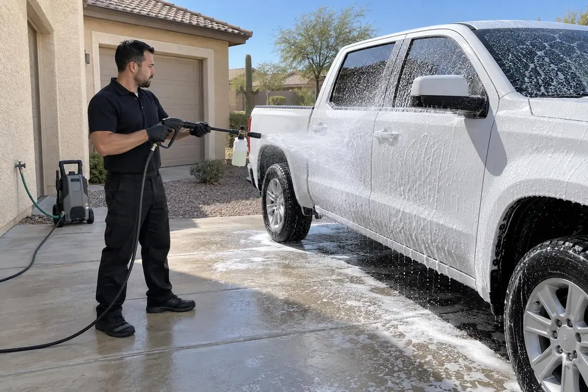 Detailer foaming the side of a white pickup in a driveway