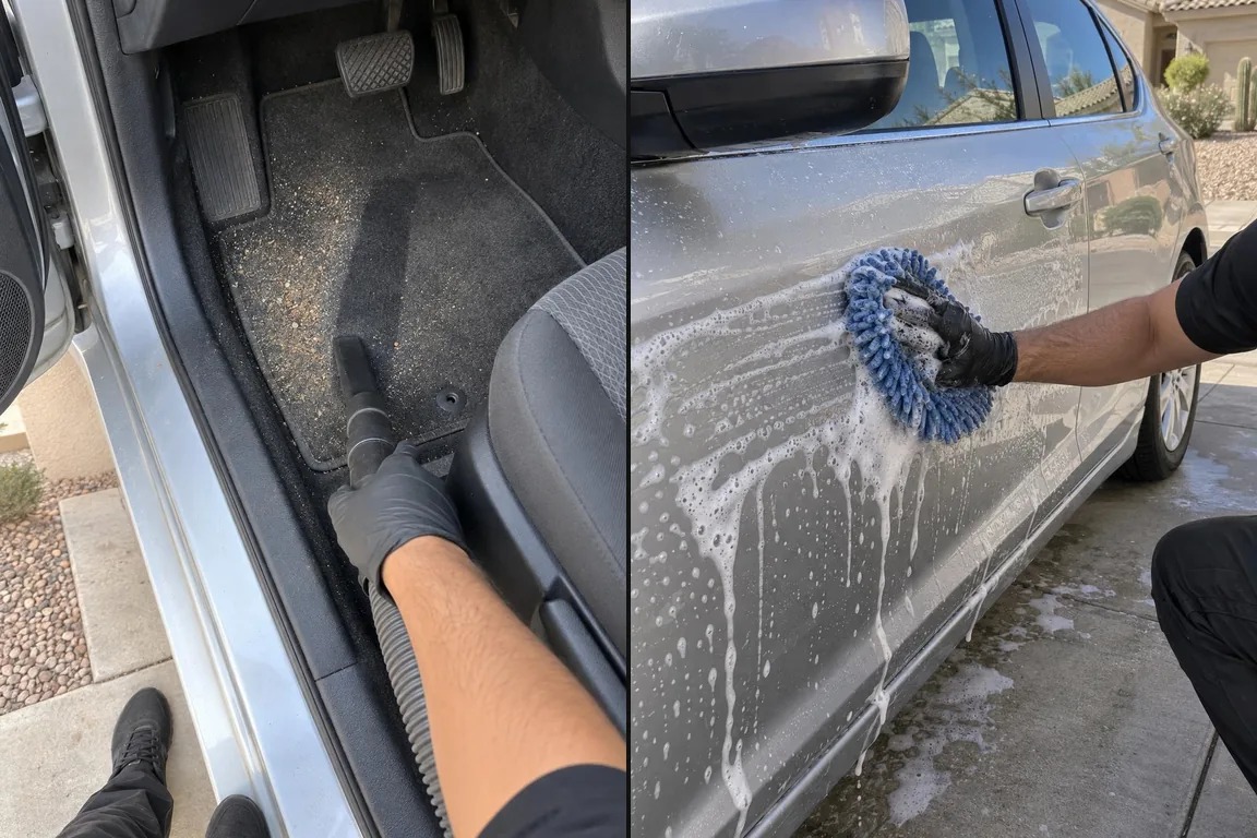 Vacuuming a driver floor mat beside a hand wash of a silver sedan door
