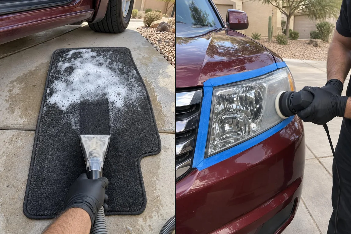 Extracting a shampooed floor mat and restoring a taped headlight