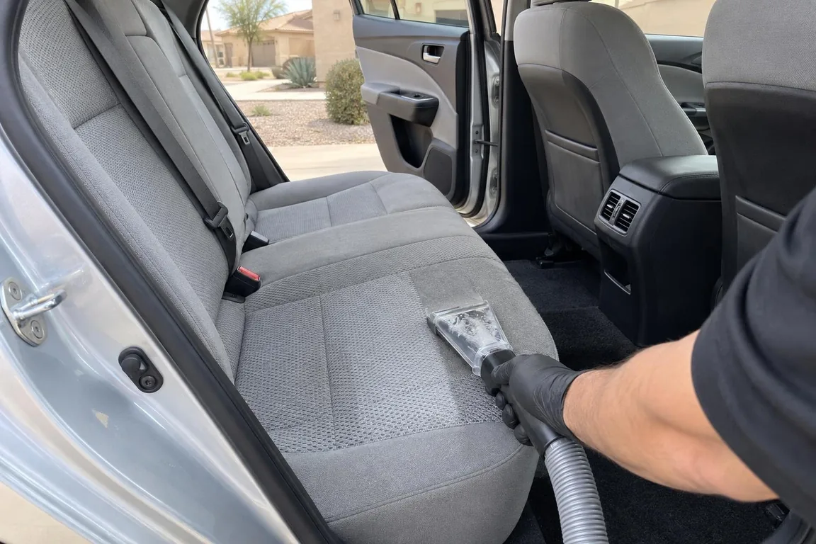 Gloved hand extracting a light gray cloth rear seat