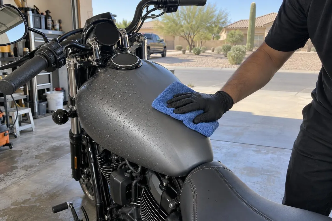Gloved hand drying the wet tank of a gray cruiser motorcycle