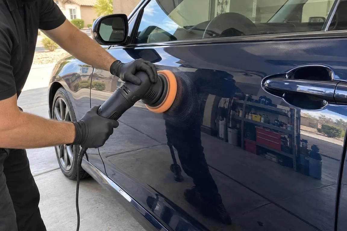 Detailer machine-polishing the glossy door of a navy sedan in a garage