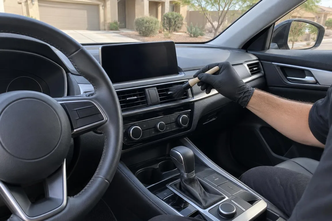 Detailer brushing the dashboard vents inside a car