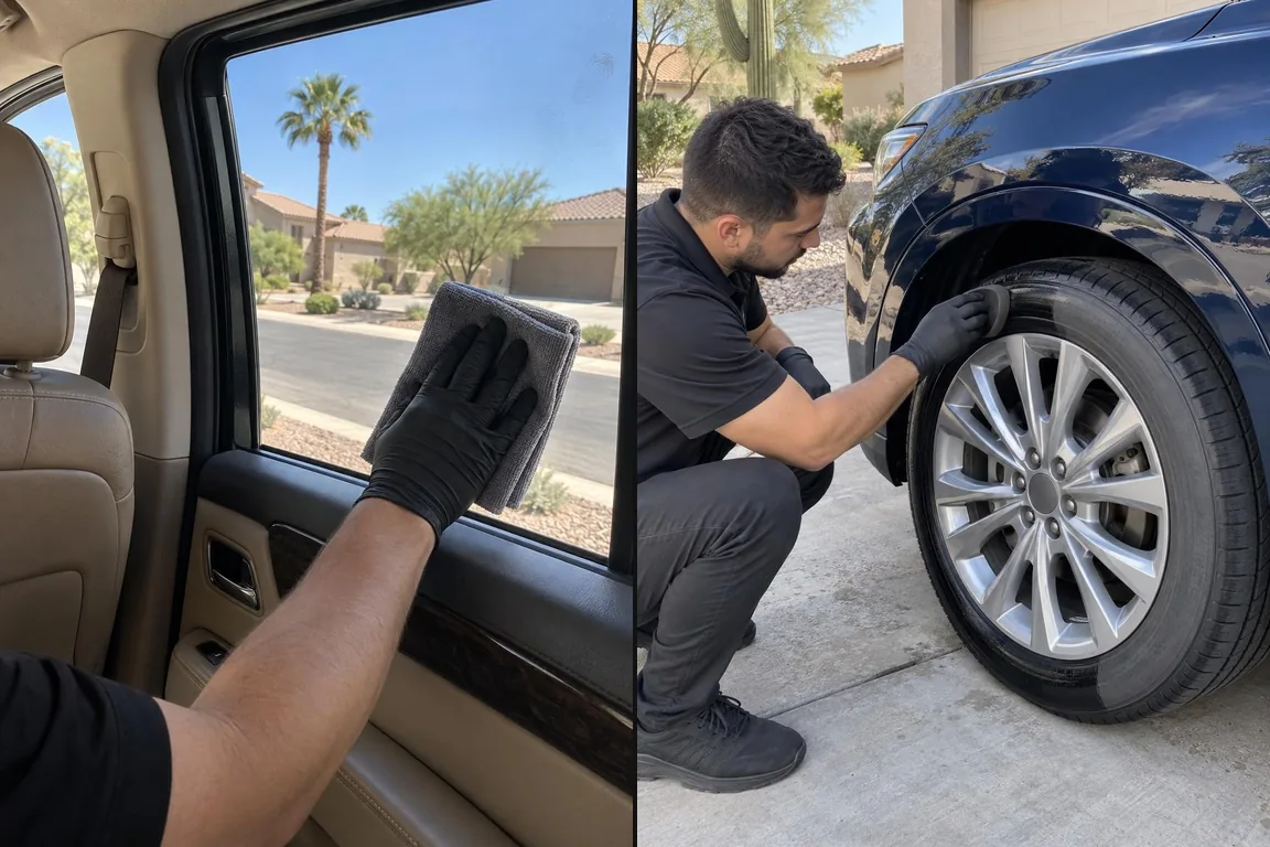 Wiping an SUV's rear window inside and dressing a tire outside