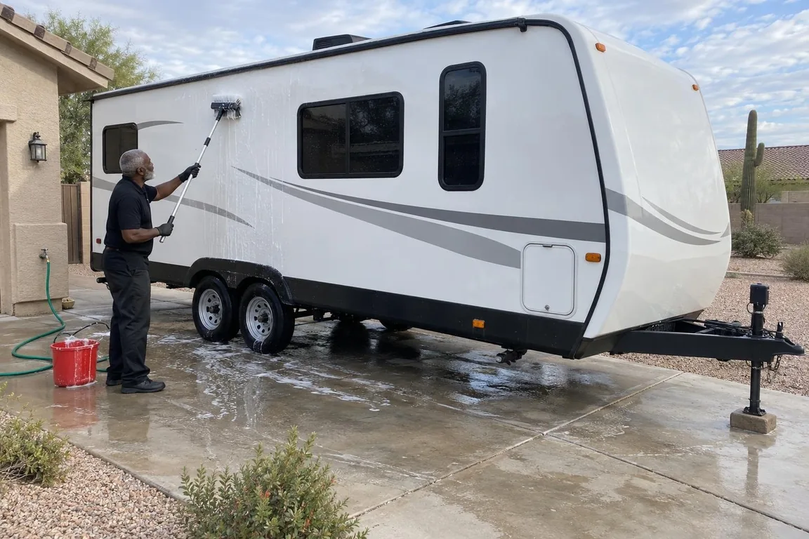Detailer scrubbing the side of a white travel trailer with a pole brush